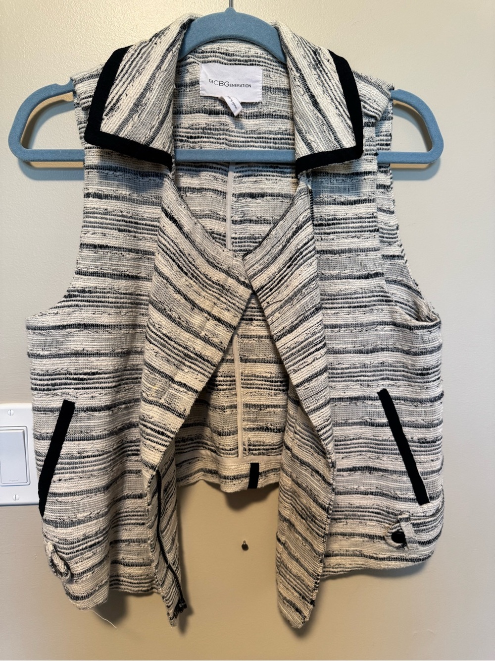 BCBGeneration Cream and Black Striped Sleeveless Draped Vest